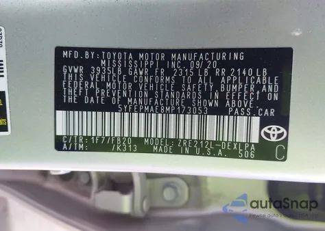 2021 Toyota Corolla Le из США, поврежденный, VIN 5YFEPMAE8MP173053